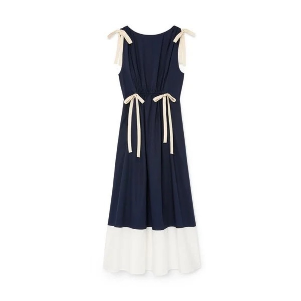 Goop G. Label Genoa Navy Midi Dress White Ribbon Tie Quiet Luxury Size 2